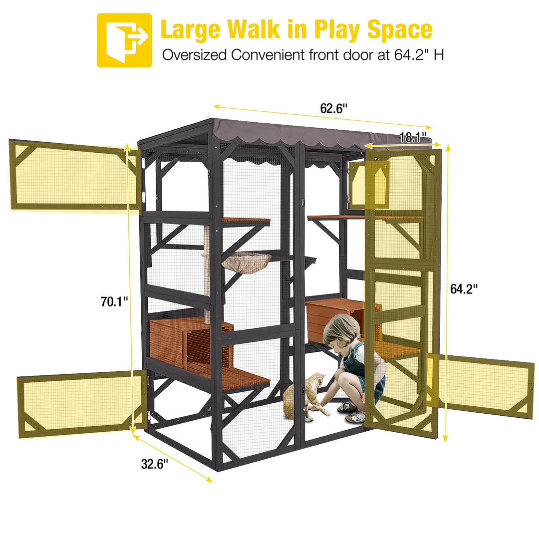 MEDEHOO 70"H Catio Outdoor Cat Enclosure Large Cat House for Mulitiple Cats Walk in Cat Cage with Tarp Roof
