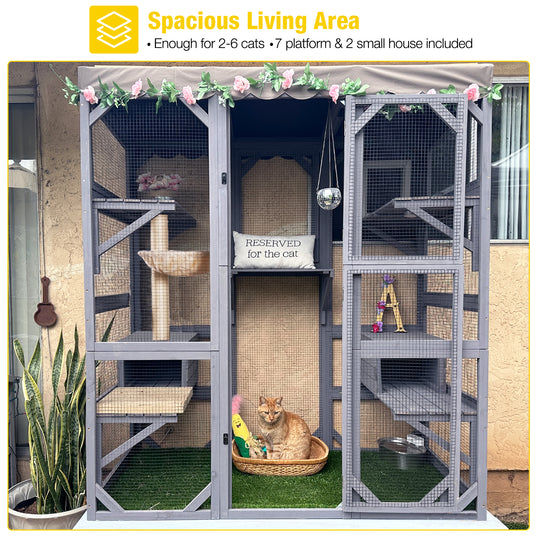 MEDEHOO 70"H Catio Outdoor Cat Enclosure Large Cat House for Mulitiple Cats Walk in Cat Cage with Tarp Roof