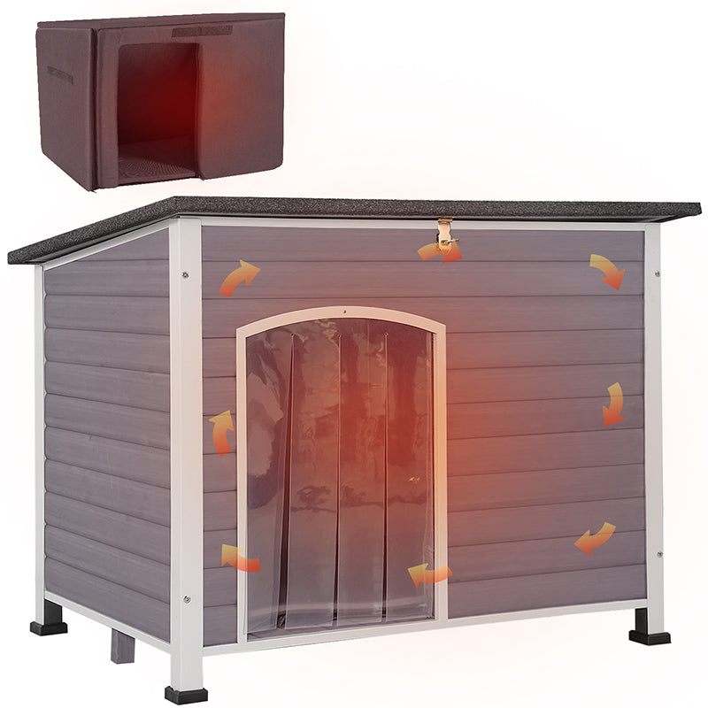 Morgete Wooden Dog House with Insulated Liner, Dog Kennel with PVC Curtain Removable Floor