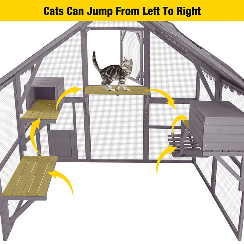 Morgete Large Cat Catio Walk-in Enclosure Wooden Cage with Bridges, Platforms, Rest Rooms, Roof Cover