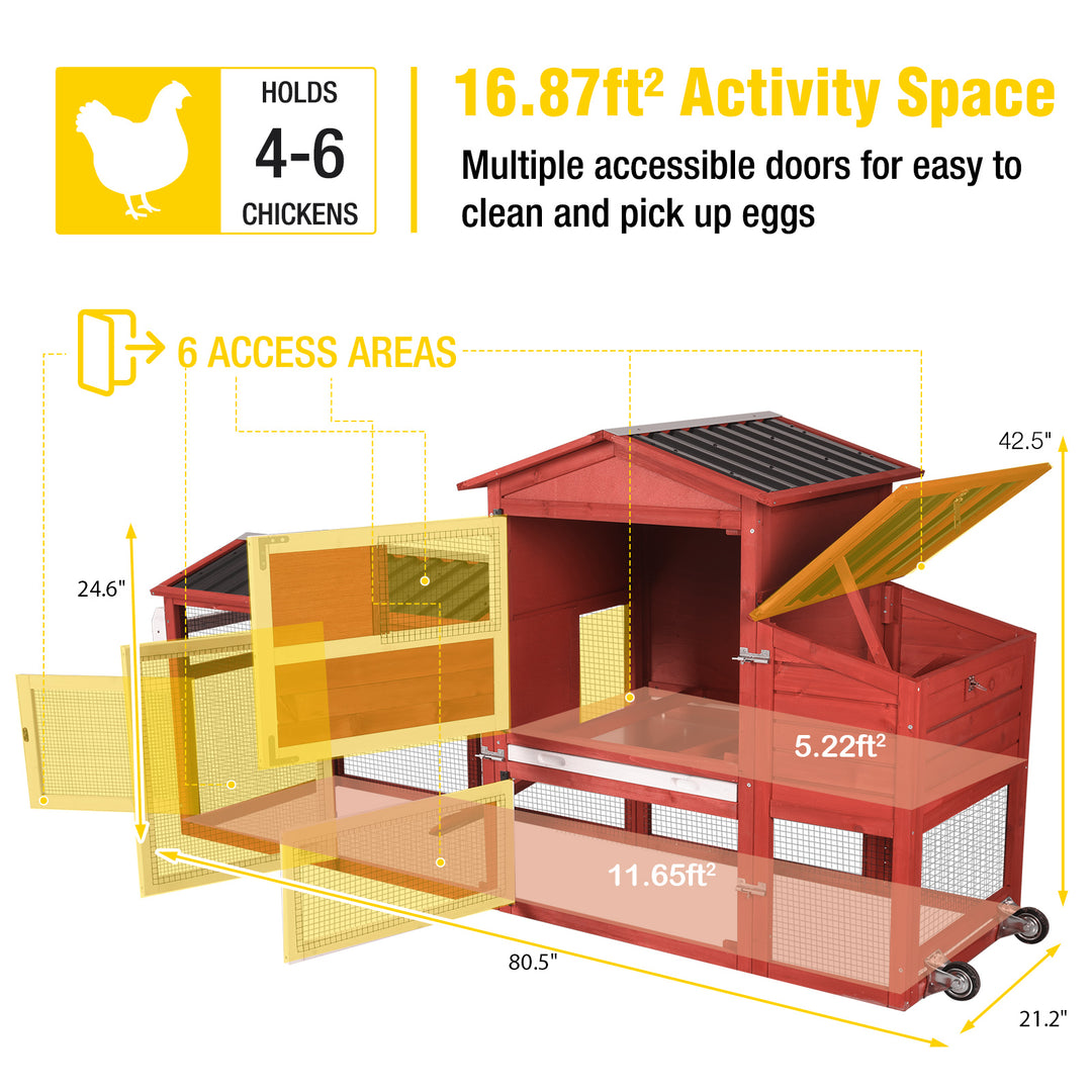 MEDEHOO Large Chicken Coop on Wheels, Wooden Hen House with Nest Box and Weatherproof Roof