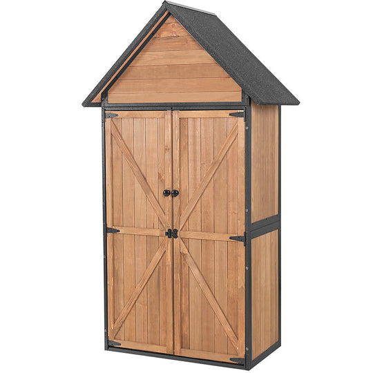 Storage Shed Outdoor with All-Around Strong Metal Frame Wooden Tool House Cabinet with Adjustable Shelfs