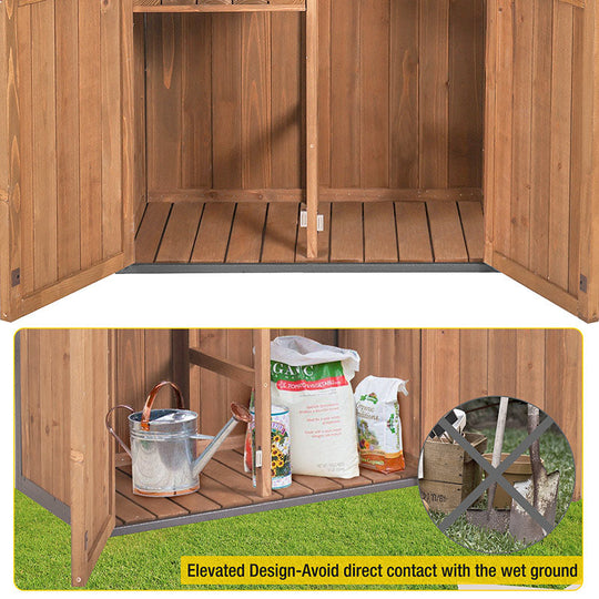 Storage Shed Outdoor with All-Around Strong Metal Frame Wooden Tool House Cabinet with Adjustable Shelfs