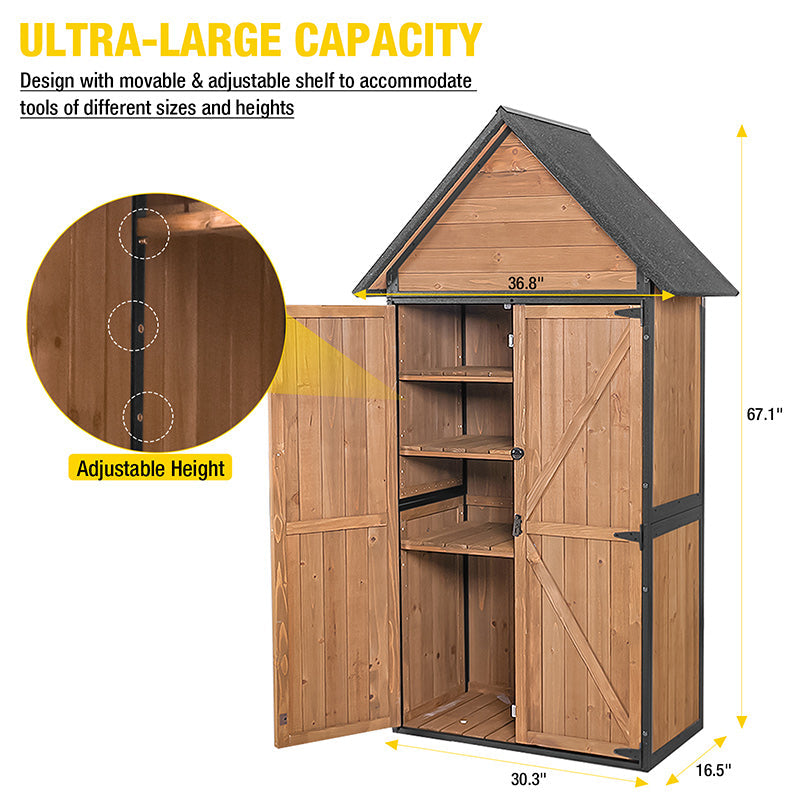 Storage Shed Outdoor with All-Around Strong Metal Frame Wooden Tool House Cabinet with Adjustable Shelfs