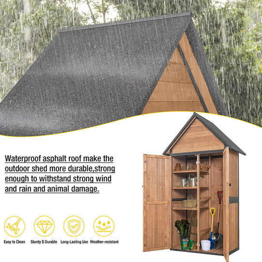 Storage Shed Outdoor with All-Around Strong Metal Frame Wooden Tool House Cabinet with Adjustable Shelfs