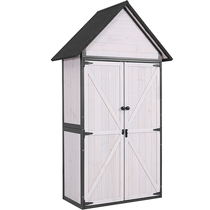 Storage Shed Outdoor with All-Around Strong Metal Frame Wooden Tool House Cabinet - Thumbnail 2