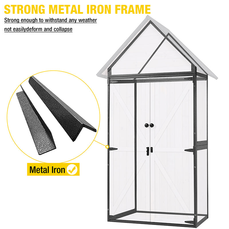 Storage Shed Outdoor with All-Around Strong Metal Frame Wooden Tool House Cabinet - Thumbnail 4