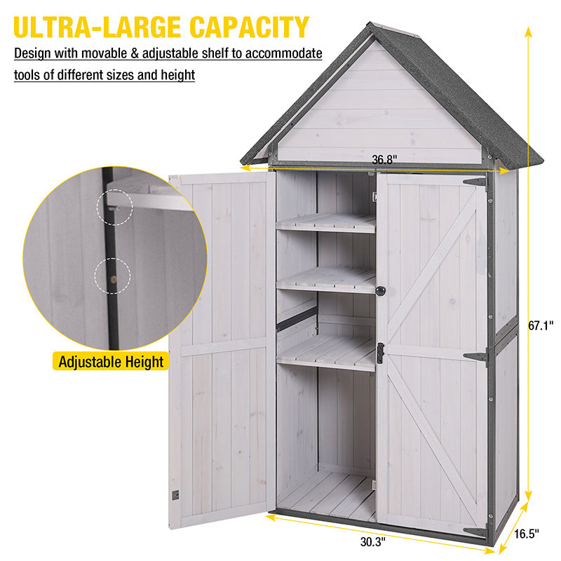 Storage Shed Outdoor with All-Around Strong Metal Frame Wooden Tool House Cabinet with Adjustable Shelfs