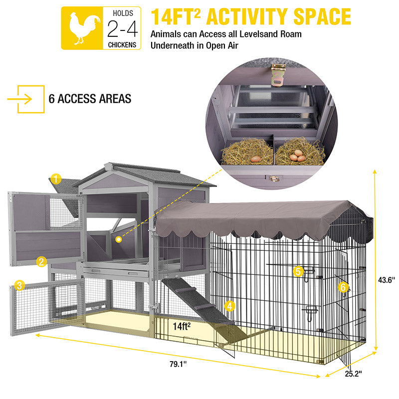 Aivituvin Wooden Chicken Coop AIR7008, Chicken House with Wheels and Metal Run for 2-4 Chickens, 14 ft²