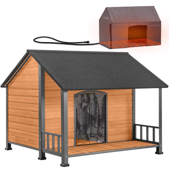 MEDEHOO AIR7010-M-HP Heated Outdoor Dog House for Winter, Large Wooden Dog Kennel with Heated Pad, Insulated Liner, Metal Frame, Waterproof Roof, Raised Base and Porch for Medium to Large Dogs
