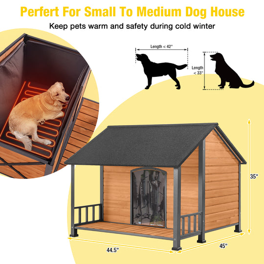 MEDEHOO AIR7010-M-HP Heated Outdoor Dog House for Winter, Large Wooden Dog Kennel with Heated Pad, Insulated Liner, Metal Frame, Waterproof Roof, Raised Base and Porch for Medium to Large Dogs