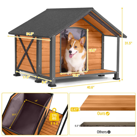 MEDEHOO AIR7010-M-HP Heated Outdoor Dog House for Winter, Large Wooden Dog Kennel with Heated Pad, Insulated Liner, Metal Frame, Waterproof Roof, Raised Base and Porch for Medium to Large Dogs