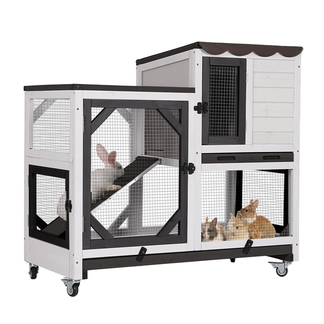 MEDEHOO Rabbit Cage Indoor Outdoor Bunny Hutch on Wheels, 2 Story Wood Guinea Pig Cages with 2 Deeper Pull Out Trays