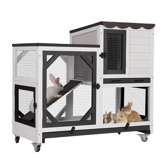 MEDEHOO Rabbit Cage Indoor Outdoor Bunny Hutch on Wheels, 2 Story Wood Guinea Pig Cages with 2 Deeper Pull Out Trays