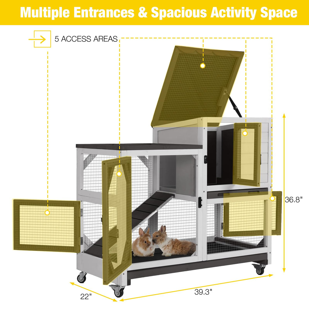 MEDEHOO Rabbit Cage Indoor Outdoor Bunny Hutch on Wheels, 2 Story Wood Guinea Pig Cages with 2 Deeper Pull Out Trays