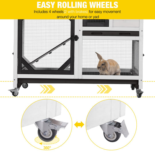 MEDEHOO Rabbit Cage Indoor Outdoor Bunny Hutch on Wheels, 2 Story Wood Guinea Pig Cages with 2 Deeper Pull Out Trays