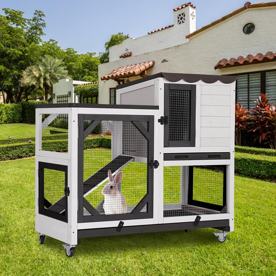 MEDEHOO Rabbit Cage Indoor Outdoor Bunny Hutch on Wheels, 2 Story Wood Guinea Pig Cages with 2 Deeper Pull Out Trays