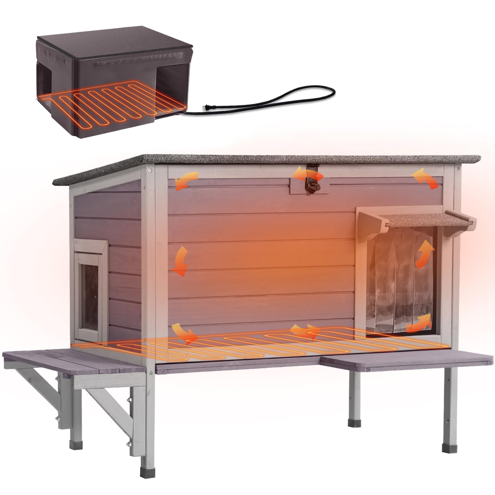 Heated Wooden Cat House with Timer, Waterproof Roof & Insulated