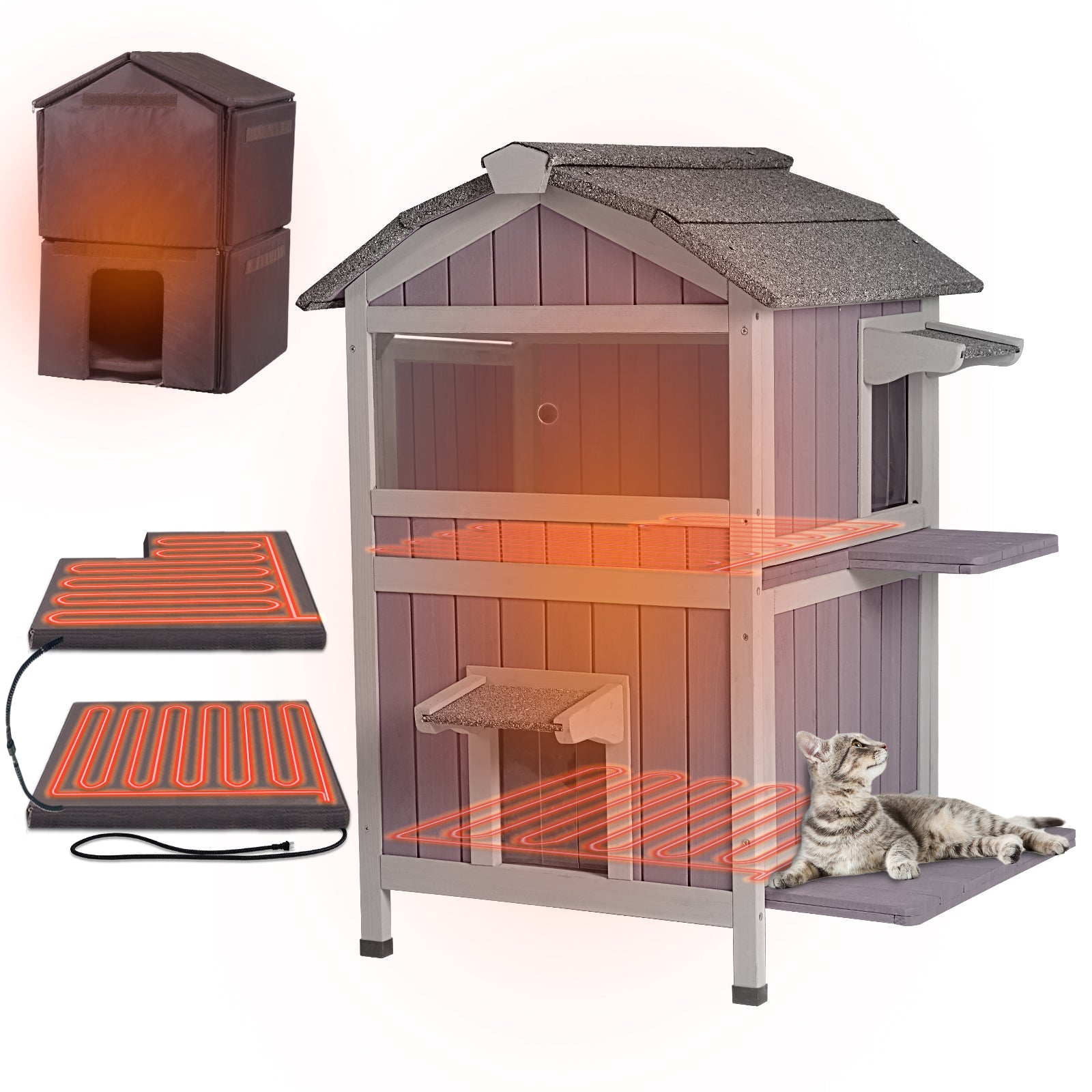 2-Story Heated Wooden Cat House with Adjustable Temperature