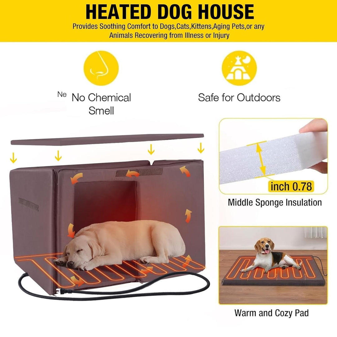 MEDEHOO AIR74-IN-HP Heated Outdoor Dog House with Heating Pad & Insulated Liner, Winter Weatherproof Anti-Chewing Dog Kennel, Iron, Brown