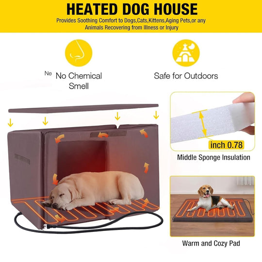MEDEHOO AIR74-IN-HP Heated Outdoor Dog House with Heating Pad & Insulated Liner, Winter Weatherproof Anti-Chewing Dog Kennel, Iron, Brown