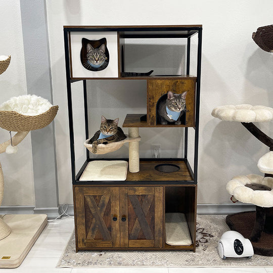 Morgete Cat Litter Box Enclosure Litter Box Furniture Hidden Indoor Cat House with Condo Hammock
