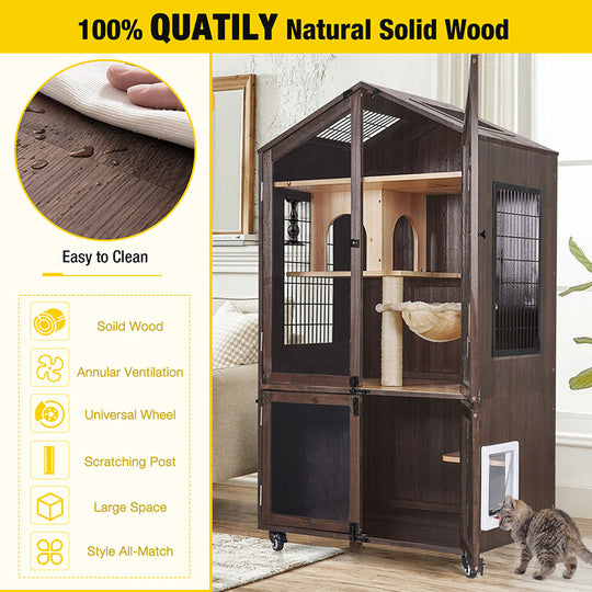 Aivituvin-AIR103 Solid Wood Cat Litter Box Enclosure Furniture with Casters