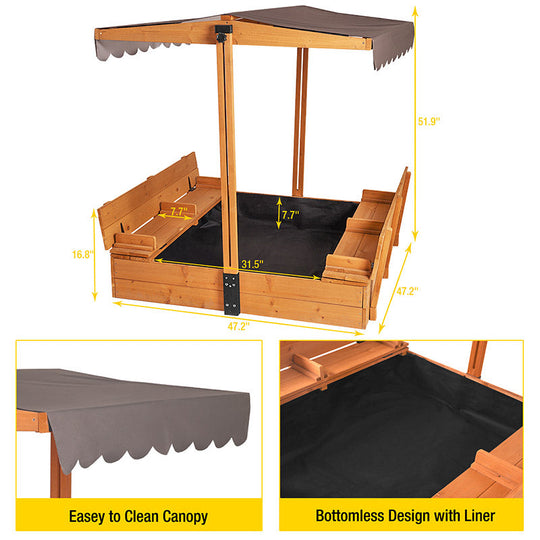 Morgete 47" Sandbox for Kids with Lid Cover, Wooden Sandbox for Outdoor Play 2 Bench Seats and Toy Bin Storage