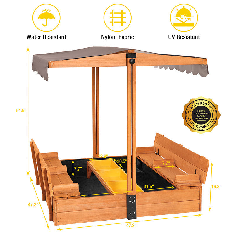 Morgete 47" Sandbox for Kids with Lid Cover, Wooden Sandbox for Outdoor Play 2 Bench Seats and Toy Bin Storage