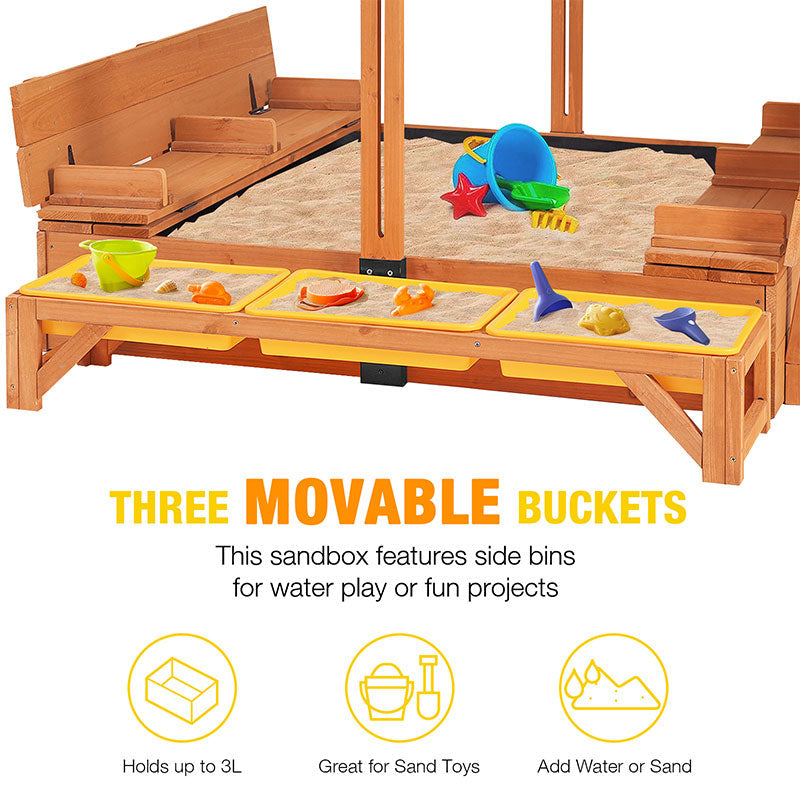 Morgete 47" Sandbox for Kids with Lid Cover, Wooden Sandbox for Outdoor Play 2 Bench Seats and Toy Bin Storage