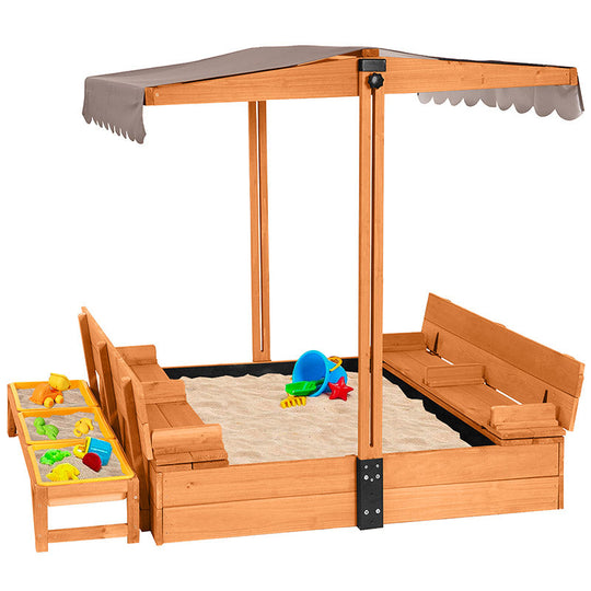 Morgete 47" Sandbox for Kids with Lid Cover, Wooden Sandbox for Outdoor Play 2 Bench Seats and Toy Bin Storage