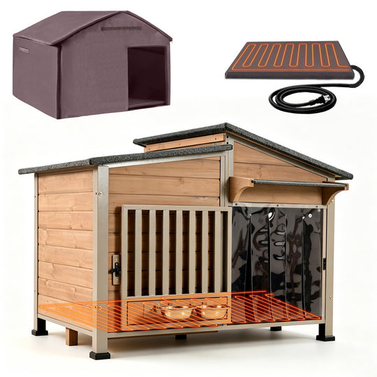 Aivituvin Heated Wooden Dog House AIR7021-IN-HP, 39.7"L/60"L Insulated Liner, Metal Frame