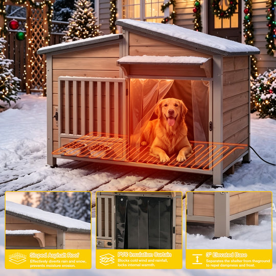 Aivituvin Heated Wooden Dog House AIR7021-IN-HP, 39.7"L/60"L Insulated Liner, Metal Frame