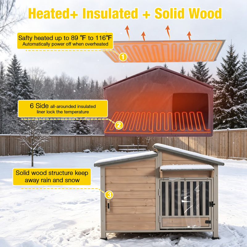 Aivituvin Heated Wooden Dog House AIR7021-IN-HP, 39.7"L/60"L Insulated Liner, Metal Frame