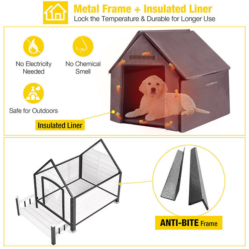 Morgete Insulated Dog House with Insulated Liner for Winter Outdoor Weatherproof Kennel All-Around Iron Frame