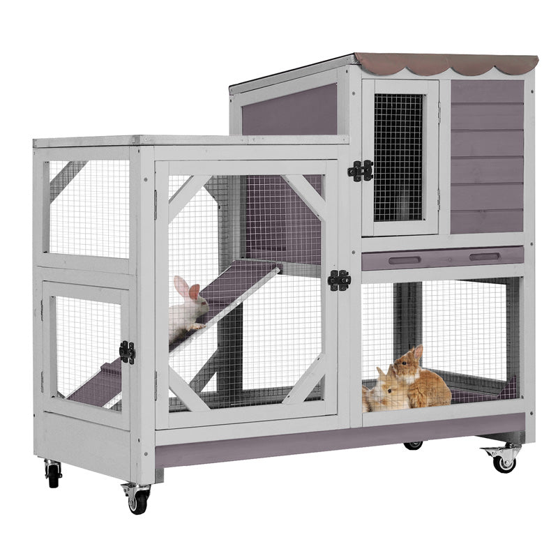 2-Story Wooden Rabbit Hutch with Casters, Pull-Out Tray & Anti