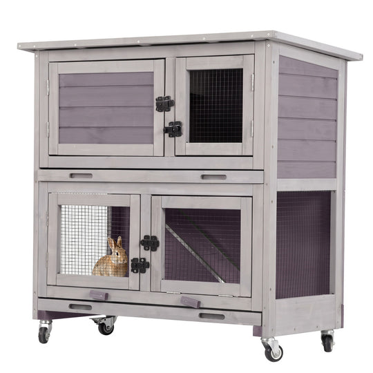 Aivituvin 2-Story Bunny Hutch AIR77 with Dividing Door, Dual Trays and Wheels