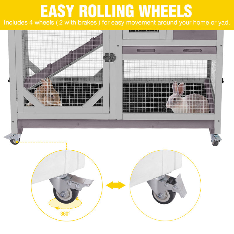 2-Story Wooden Rabbit Hutch with Casters, Pull-Out Tray & Anti
