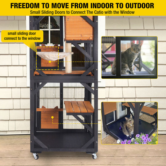 Aivituvin-AIR22-M Medium Wooden Outdoor Cat Catio with Wheels| Connecting with Window
