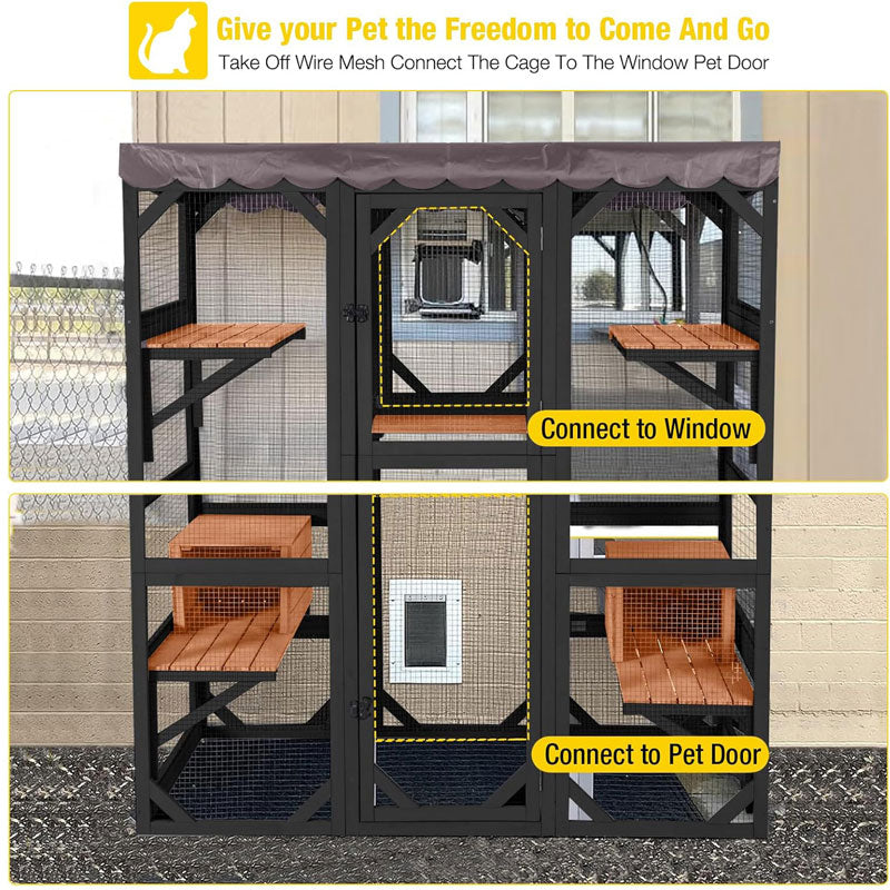 Aivituvin-AIR37-M 62.6"L Walk-in Large Cat Enclosure with Roof Tarp - Connects to Windows or Cat Doors