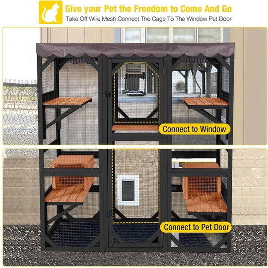 Aivituvin-AIR37-M 62.6"L Walk-in Large Cat Enclosure with Roof Tarp - Connects to Windows or Cat Doors