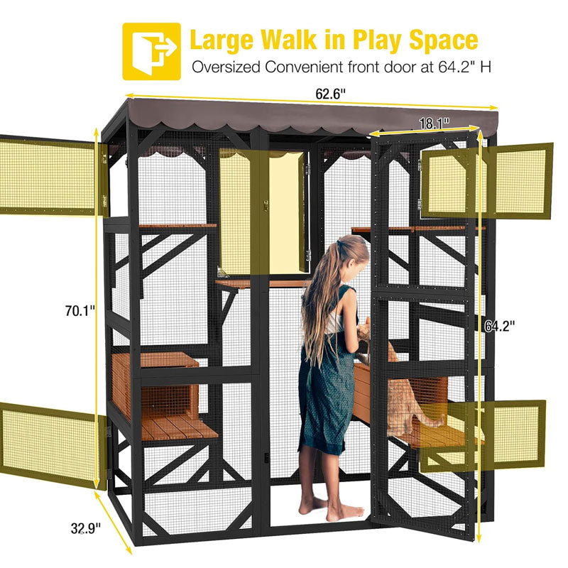 Aivituvin-AIR37-M 62.6"L Walk-in Large Cat Enclosure with Roof Tarp - Connects to Windows or Cat Doors