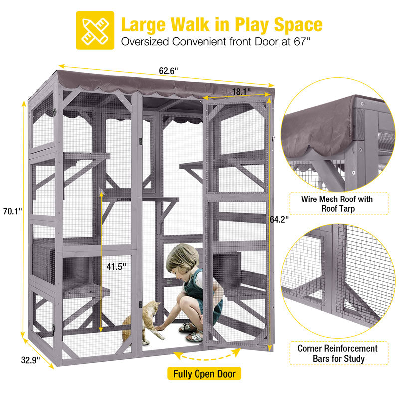 Aivituvin-AIR37-M Walk-in Large Cat Enclosure with Roof Tarp - Connects to Windows or Cat Doors