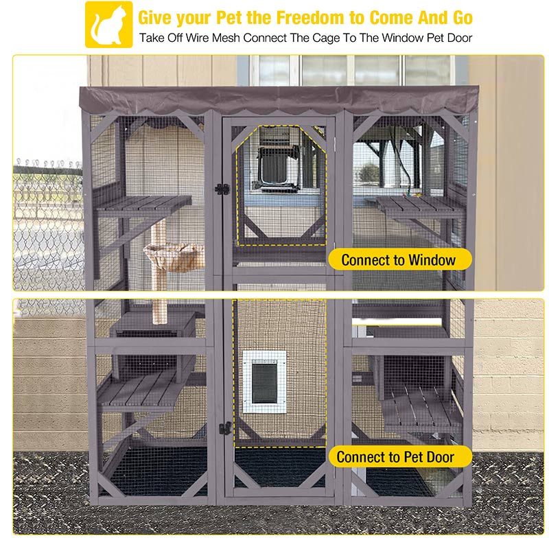 Aivituvin-AIR37-M 62.6"L Walk-in Large Cat Enclosure with Roof Tarp - Connects to Windows or Cat Doors