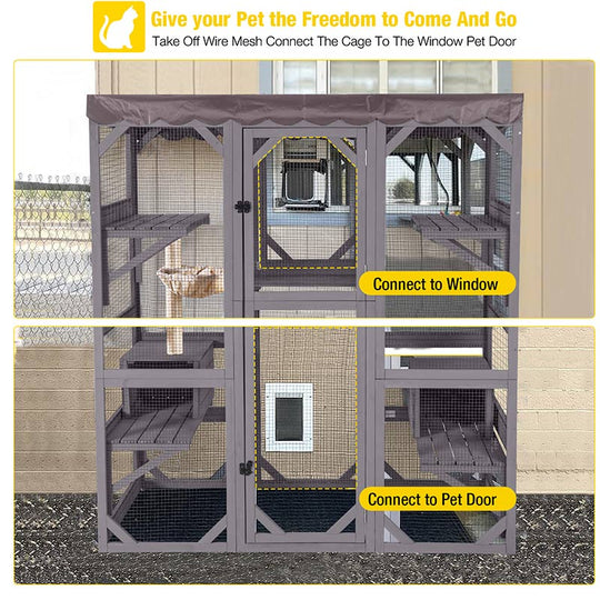 Aivituvin-AIR37-M 62.6"L Walk-in Large Cat Enclosure with Roof Tarp - Connects to Windows or Cat Doors
