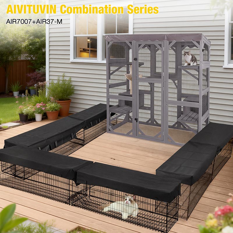 Aivituvin-AIR37-M 62.6"L Walk-in Large Cat Enclosure with Roof Tarp - Connects to Windows or Cat Doors