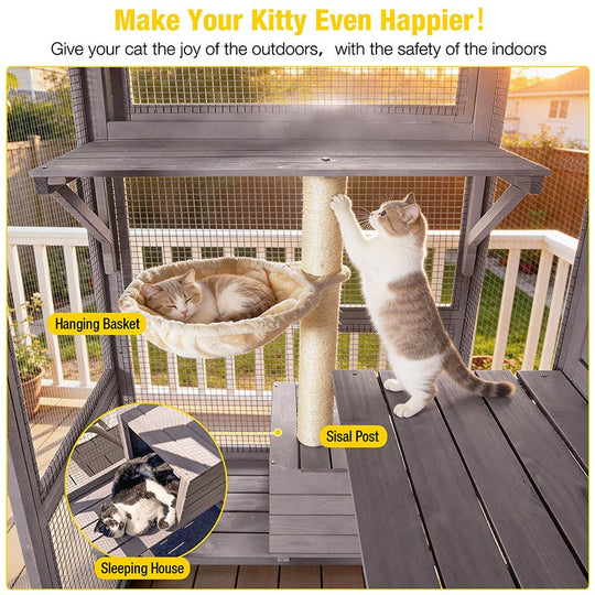 Aivituvin-AIR37-M 62.6"L Walk-in Large Cat Enclosure with Roof Tarp - Connects to Windows or Cat Doors