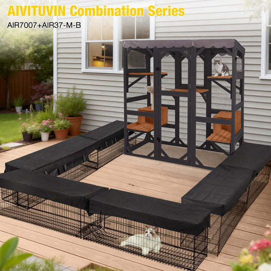 Aivituvin-AIR37-M 62.6"L Walk-in Large Cat Enclosure with Roof Tarp - Connects to Windows or Cat Doors