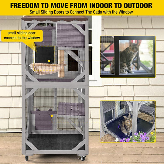 Aivituvin-AIR22-M Medium Wooden Outdoor Cat Catio with Wheels| Connecting with Window