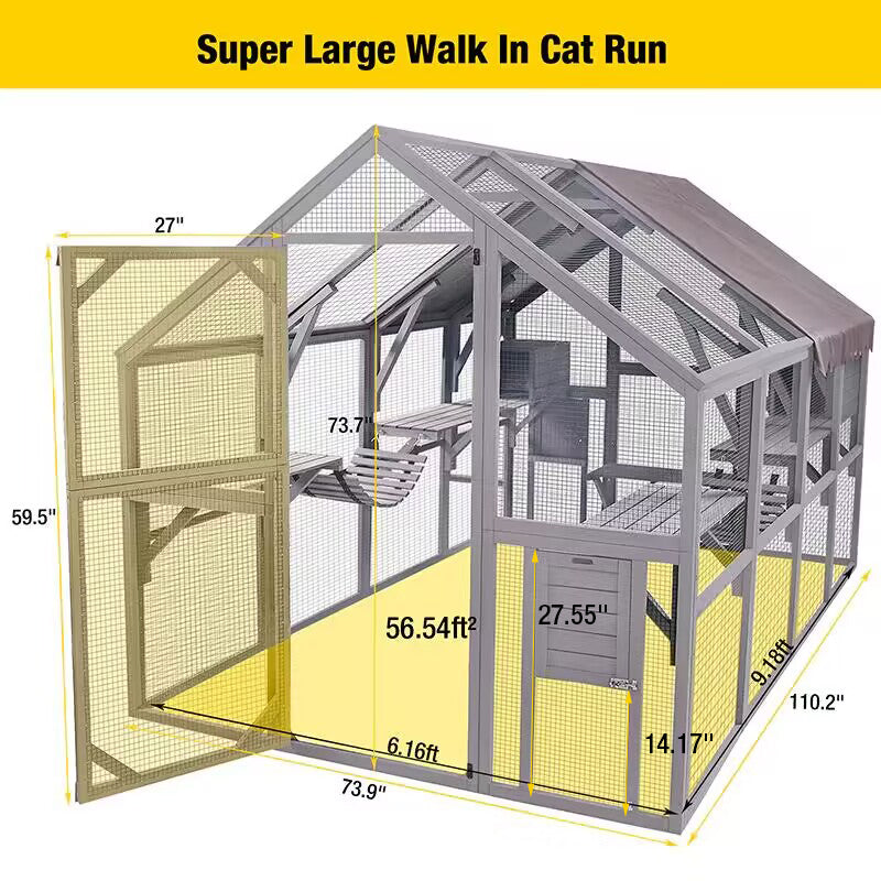 Morgete Large Cat Catio Walk-in Enclosure Wooden Cage with Bridges, Platforms, Rest Rooms, Roof Cover